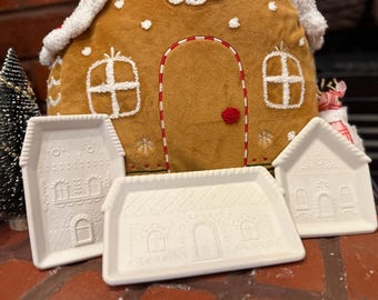 DIY Gingerbread House Tray Kit, Unpainted Ceramic Tray + Paint Brush, + Matte or Gloss Sealant, 3 styles to choose from