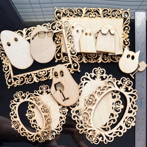 DIY Halloween, 7 Ghost Frame Kit, Unfinished Wood Craft, Laser Cut Layered Ghost, Paint & Assemble Halloween Decor, Spooky Decor, Wood Blank