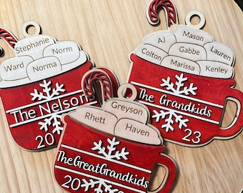 Personalized family Christmas ornaments, grandparent ornament with names, 2023 ornament with extended family member names, hot cocoa mug