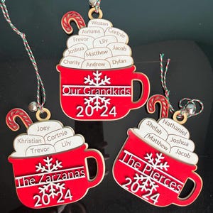 Personalized family Christmas ornaments, grandparent ornament with names, 2025 ornament with extended family member names, hot cocoa mug