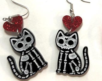 Skeleton Cat Earrings: Glitter Heart Acrylic Dangles, Halloween Cat