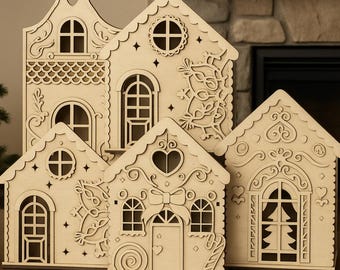 May include: Five wooden gingerbread house decorations with intricate cut-out designs. Each house features unique details like heart-shaped windows, bow-tied doors, and decorative patterns. The houses are unpainted and stand on a wooden surface.