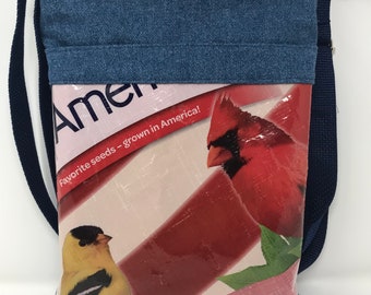 Denim crossbody bag with re-purposed bird seed bag.