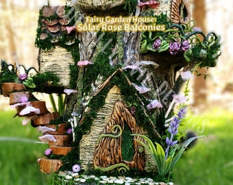 Fairy Garden House: Solar Rose Balconies Handmade lights in windows and mushrooms outdoor/indoor