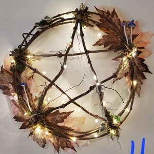 Pentagram Wreath natural vine, flowers, mushrooms, lights up 11