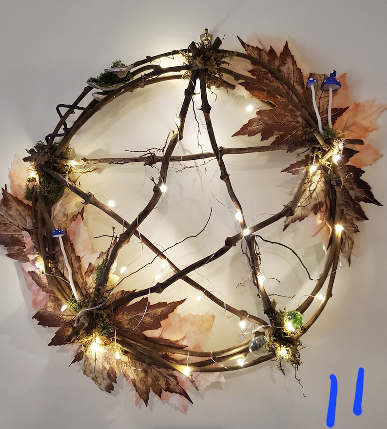 Pentagram Wreath natural vine, flowers, mushrooms, lights up 11