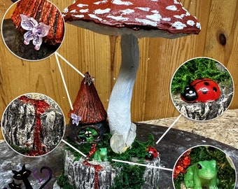 Red Mushroom Fairy House | Fairy Lights House | Mood Lighting | Fairy Garden Accessory | Tiny Cabin | Light Up Diorama | Glowing Fungi