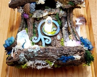 Mini Fairy Door all wood and moss plus lights and crystals