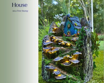 Blue Fairy House, Glowing Mushroom Tree Stump, Fairy Garden Decor outdoor/indoor