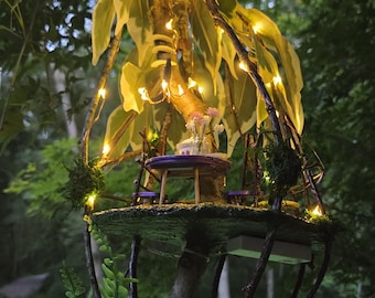 Handmade Hanging Fairy Tea Room with purple trim| Lighted Woodland Fairy House