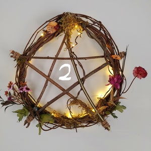 Pentagram Wreath natural vine, flowers, mushrooms, lights up image 4