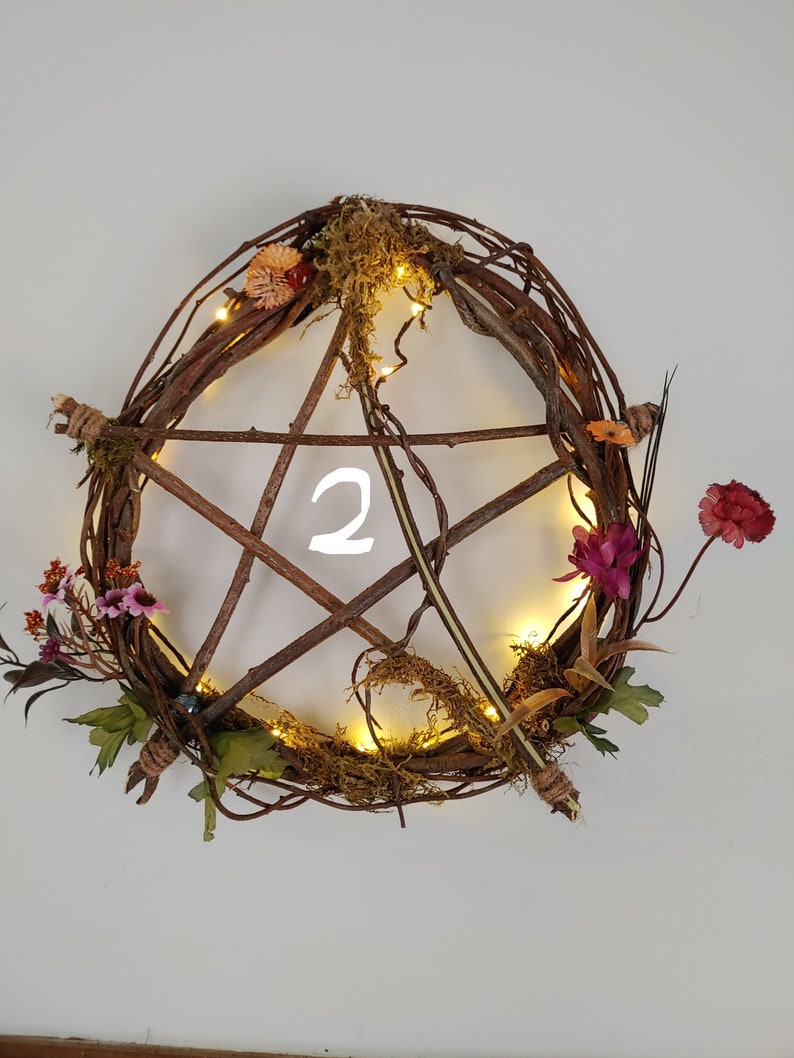 Pentagram Wreath natural vine, flowers, mushrooms, lights up image 4