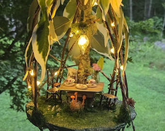 Handmade Hanging Fairy Tea Room with light green trim| Lighted Woodland Fairy House