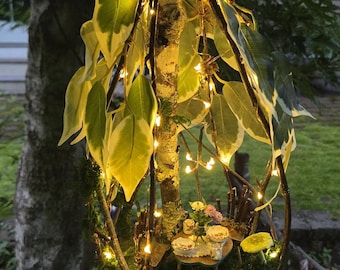 Handmade Hanging Fairy Tea Room with Green trim| Lighted Woodland Fairy House