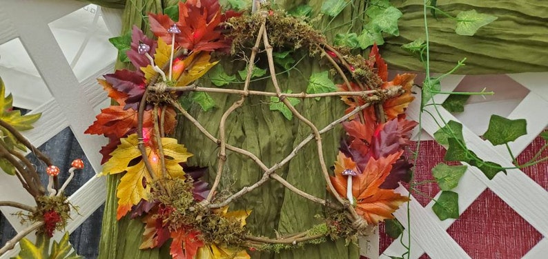 Pentagram Wreath natural vine, flowers, mushrooms, lights up 13