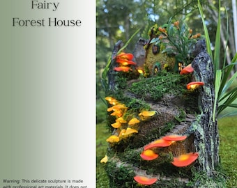 Tiny Yellow Fairy Forest House, LED Glowing Windows, Whimsical Woodland Decor outdoor/indoor