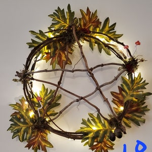 Pentagram Wreath natural vine, flowers, mushrooms, lights up 10