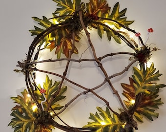 Pentagram Wreath natural vine, flowers, mushrooms, lights up