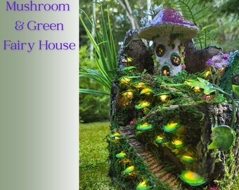 Handmade Purple Mushroom Fairy House & Green Cottage on Tree Stump (10" Tall)