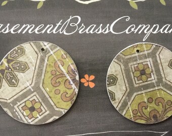 Decoupage insects metal disc pendants 2pc 45mm double sided aged brass