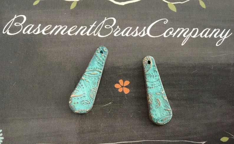 Artisan verdigris polished bronze paisley embossed pendants 2 pc