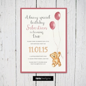 Personalised Birthday Invitation • Boy or Girl Teddy Bear Watercolour Design • Instant Printable PDF JPG files • Hand Design by Rara Designs
