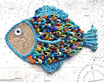 Recycled fishing net rainbow fish wall art, 35cm 14 inches long fibre art, eco fiber art gift, salvage art, marine litter. Made in England