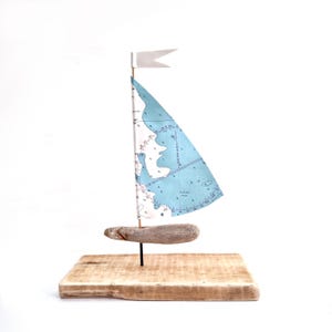 Fishing Pots Driftwood Sailboat: Repurposed Nautical Map Sail. 27cm High. Made in England
