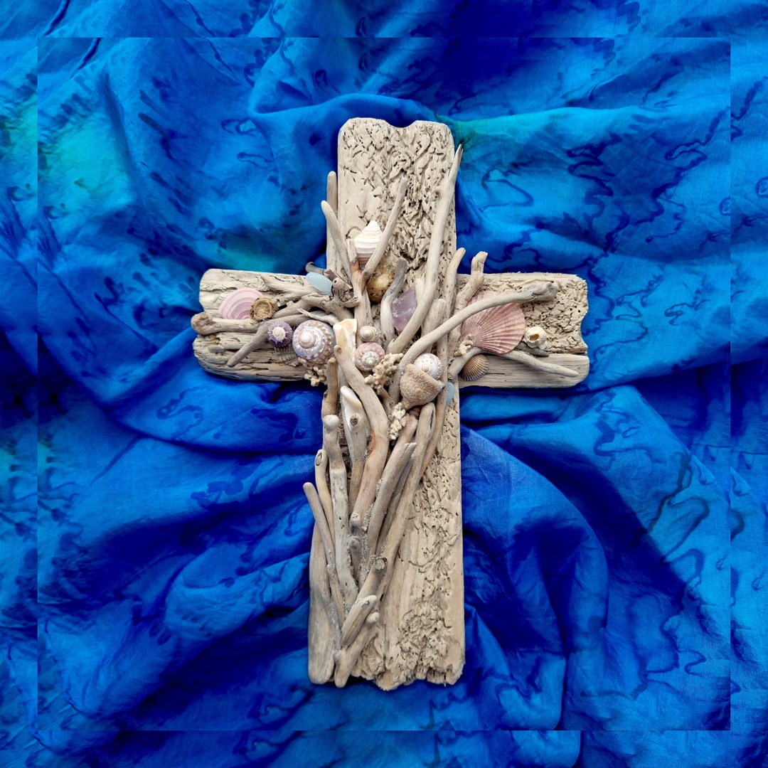 Driftwood Cross Wall Hanging Art, 9 Inch 23cm. Sea Glass, Rose Quartz