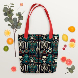 Edgy Skeleton Heart Tote bag, Artistic Unique Skull and Heart Pattern Carry-all, Designer Spooky Chic Shoulder bag