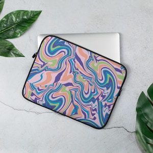 Modern Chic Trippy Blue Pink Laptop Sleeve, Abstract Swirl Fluid Designer case, Marble print computer case