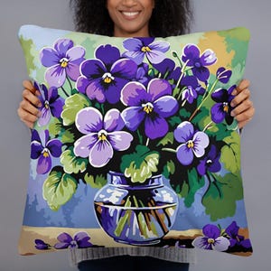 Blau und Lila Blumenkissen, elegantes Blumenakzentkissen, botanisches Stillleben-Innendekor, Garten-Stiefmütterchenkissen, Natur inspiriert