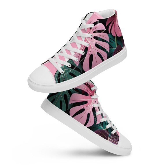 Springtime pink Monstera Deliciosa high top Women's canvas shoes
