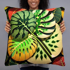 Vibrant Green Monstera Throw Pillow, Lush Tropical Leaf Decorative Pillow, Botanical Living Room Decor