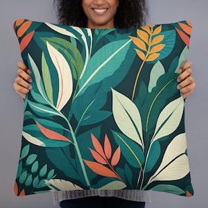 Bold Troplical Leaf Throw Pillow, Abstract Foliage Decorative Pillow, Modern Leaves Accent Cushion