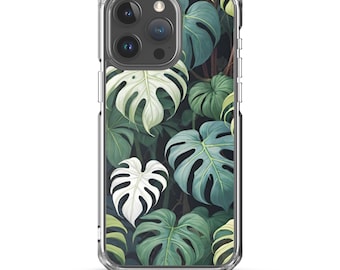 Funda transparente para iPhone con hojas de Monstera deliciosa en color verde y blanco