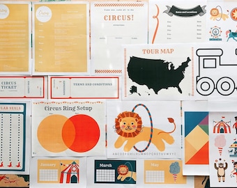 May include: A set of printable circus-themed educational activities for kids. The set includes a tour map of the United States, a circus ticket, a circus ring setup, a calendar, and alphabet letters. The activities are designed to be fun and engaging for children.