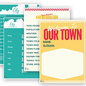 May include: Four printable posters with a retro theme for a town or city. The posters include a welcome sign, a town statistics and information sheet, and two city planning sheets.