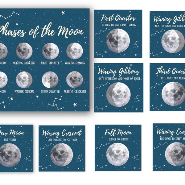 Moon Phase Cards | Printable Moon Phase Cards | Harvest Moon | Three Part Montessori Cards | Nature Study | Outer Space | Lunar Cycle