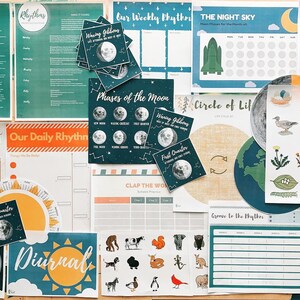 May include: A collection of educational printables and stickers for children, featuring themes like the phases of the moon, seasons, and the circle of life. The printables are colorful and feature illustrations of animals, plants, and celestial bodies. The stickers are also colorful and feature a variety of designs.