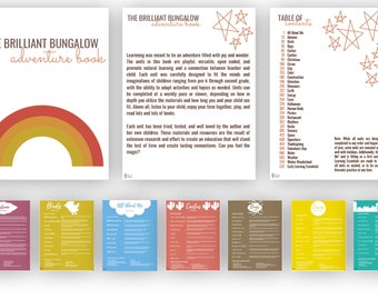 Puede incluir: Un gráfico de arcoíris colorido con el texto "The Brilliant Bungalow Adventure Book" encima. El texto "Learning was meant to be an adventure filled with joy and wonder" está debajo del arcoíris. El texto "The units in this book are playful, versatile, open ended, and promote natural learning and a connection between teacher and child." está debajo del texto "Learning was meant to be an adventure filled with joy and wonder".