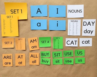 May include: A set of colourful flashcards with words and pictures for learning phonics. The cards are labelled with the words "Set 1", "Set 2", "Set 4", and "Nouns". The words on the cards include "A", "I", "a", "i", "AM", "am", "ARE", "are", "AT", "at", "ALL", "all", "BUY", "buy", "SIT", "sit", "USE", "use", "US", "us", "DAY", "day", "CAT", "cat".