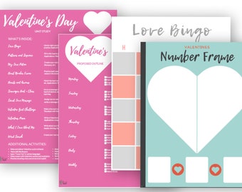 May include: A set of printable Valentine's Day activities for kids. The set includes a love bingo card, a number frame with a heart shape, and a Valentine's Day unit study with a proposed outline.