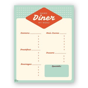 Può includere: Un modello di menu da ristorante stampabile con un logo retrò da ristorante rosso e bianco. Il menu è diviso in sezioni per antipasti, piatto principale, colazione, dessert, bevande e specialità. Il modello è su uno sfondo blu chiaro con pois bianchi.