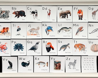 Tarjetas de alfabeto de animales / ABC de animales / Tarjetas de alfabeto de acuarela / Estudio de la naturaleza en la escuela en el hogar / Tarjetas flash imprimibles / Inspiradas en la naturaleza