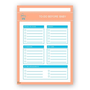 Puede incluir: Una lista de verificaci&oacute;n imprimible con el t&iacute;tulo "To-Do Before Baby" en texto azul sobre un fondo melocot&oacute;n. La lista de verificaci&oacute;n se divide en cinco secciones: Alrededor de la casa, Vivero, Para comprar, Autocuidado y Arreglos para la hora de ir. Cada secci&oacute;n tiene cinco l&iacute;neas en blanco con casillas de verificaci&oacute;n.