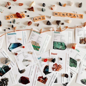 Lot de 108 cartes d'identification pour roches, minéraux et pierres précieuses | POLICE SANS SCRIPT | Rock, pierres précieuses, classification minérale | Géologie