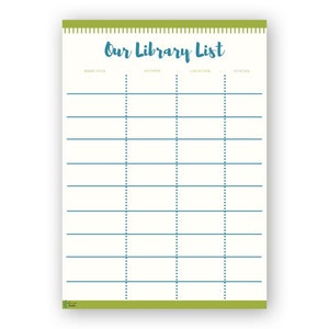 Könnte beinhalten: Eine druckbare Bibliotheksliste mit dem Titel "Our Library List" und Spalten für Buchtitel, Autor, Standort und Status.