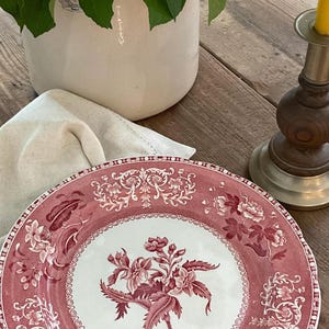 May include: A round ceramic plate featuring a deep pink and white transferware pattern. The design includes a central floral motif surrounded by a decorative border of intricate scrollwork, leaves, and blossoms on the rim and inner edge.