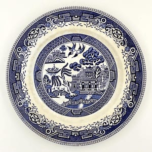 May include: A round, antique-style plate with a blue and white Willow pattern design. The plate features a central scene with a pagoda, bridge, and birds, surrounded by a decorative border. The plate is a classic piece of tableware.